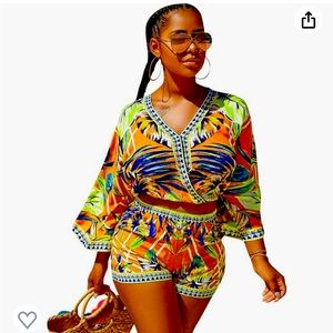 Two Piece Crop Top Shorts Set Boho Floral Print Romper Jumpsuit